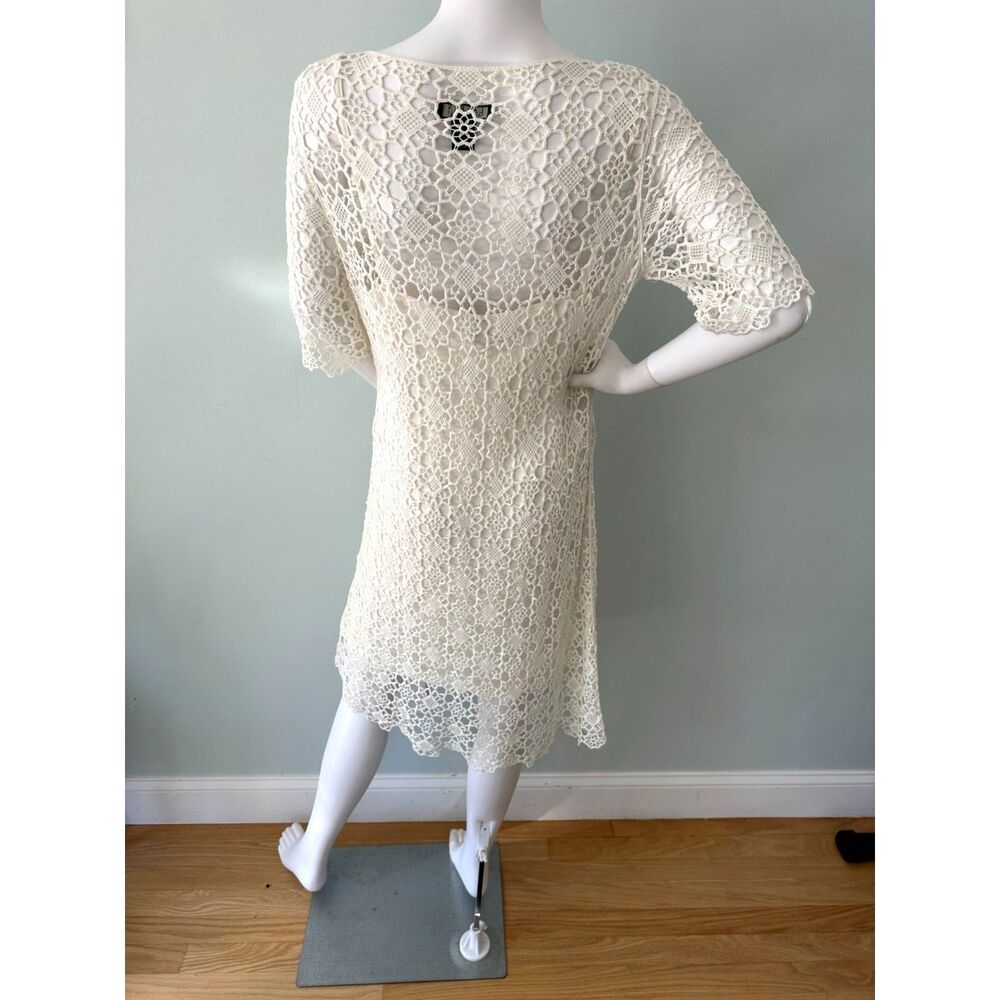 Lauren Ralph Lauren Ivory White Crochet Knit Short Sleeve Midi Dress size L - Picture 2 of 8